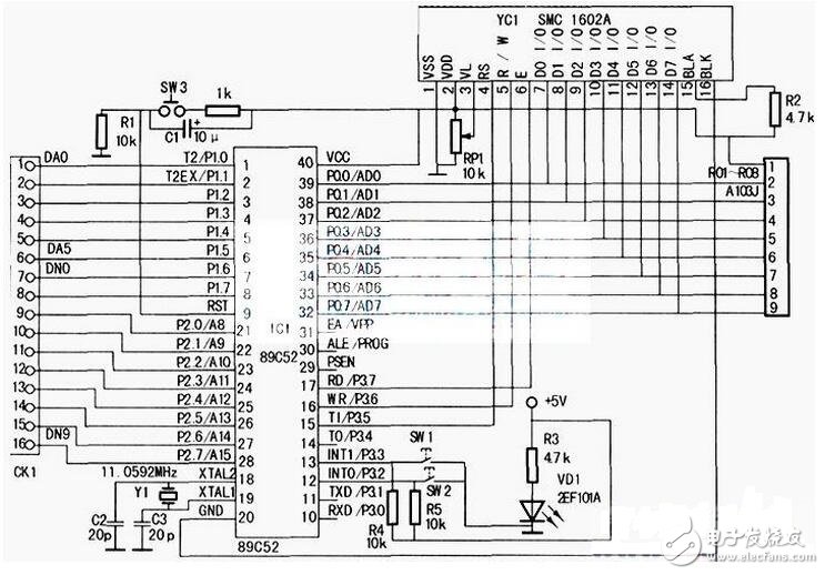 The control circuit of the MCU is as shown in the figure below. SW3 is the reset switch. When the reset switch SW3 is pressed, the circuit is reset, the MCU is in the initial working state (1CH); the reset switch SW1 or SW2 is pressed, the double phase-locked loop adjacent frequency modulator The output TV channel is changed by step increment or decrement