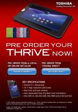 Toshiba dual-core Thrive flat-panel on-time sale in July