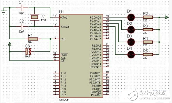 The timer of the C language programming of the single chip computer controls 4 LEDs to scroll and flash