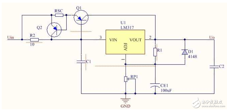 Current limit protection circuit of LM317 voltage regulator