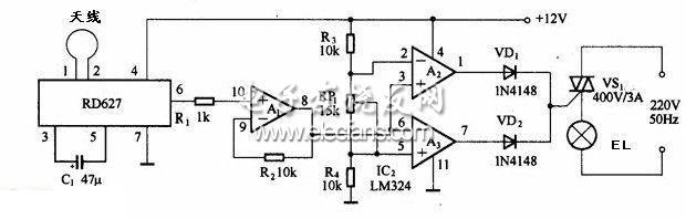 Principle circuit of microwave sensor automatic lamp based on RD627