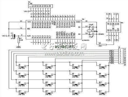 4Ã—4 matrix keyboard recognition circuit schematic