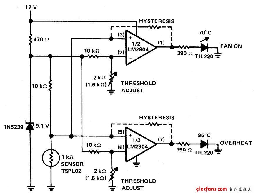 Automotive temperature indicator circuit formed by PTC thermistor