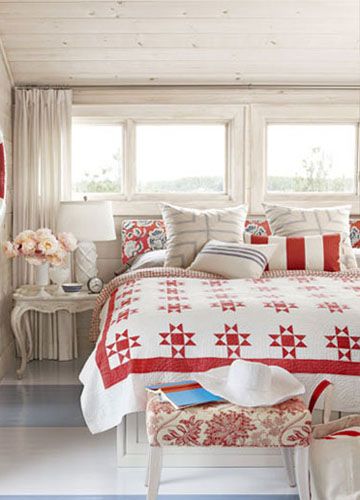 The bedding is the brightest in the room, the red is not dazzling, and most of the white accents make this set look better.
