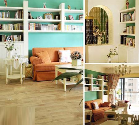 There are also a large number of books in the living room, the book is full of fragrance, white furniture, orange sofa, very warm