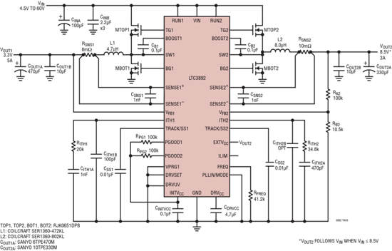 Figure 1: LTC3892 schematic with 4.5V to 60V input converted to 8.5V/3A and 3.3V/5A outputs