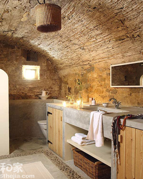 The bathroom is cool and "washed". Take a cool, save money bath.
