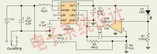 Figure 1: Auto-dimming LED flashlight circuit designed with a high efficiency boost controller.