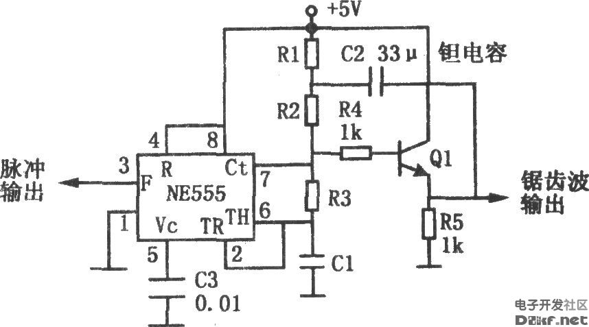 Sawtooth generating circuit composed of 555