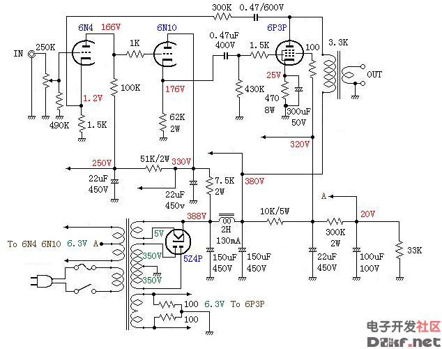 6P3P single-ended power amplifier circuit diagram