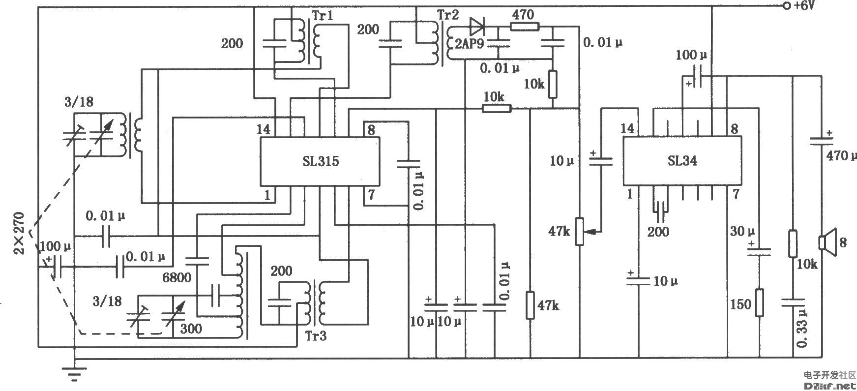 Medium wave AM radio circuit composed of SL34 and SL315