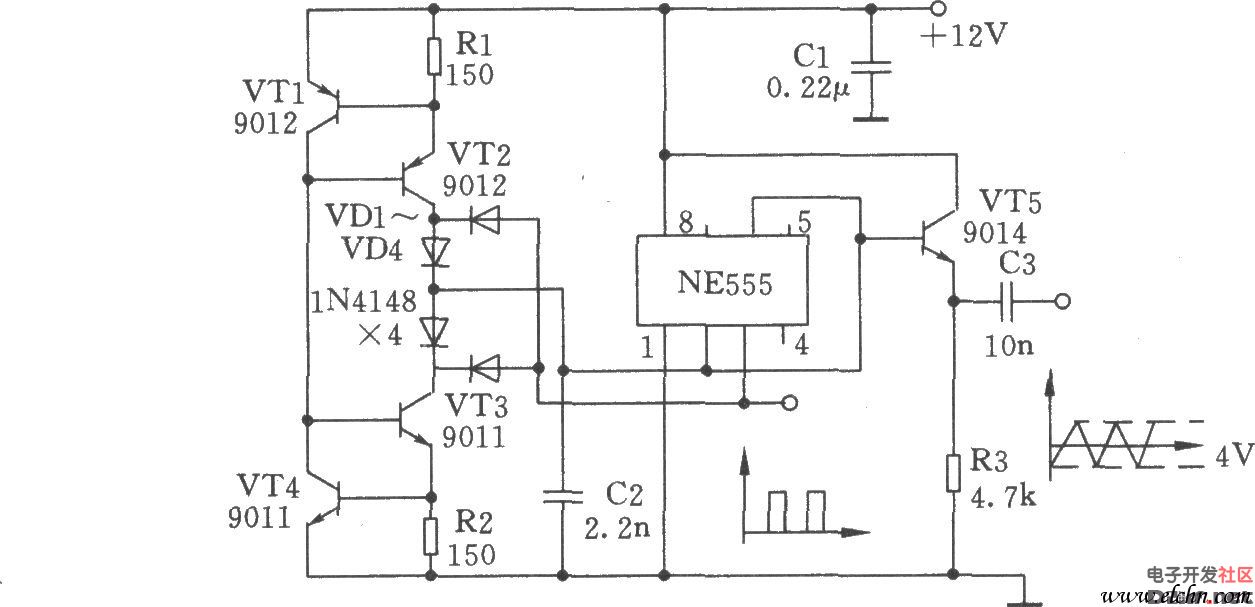 Triangle wave and square wave generator circuit installed with NE555