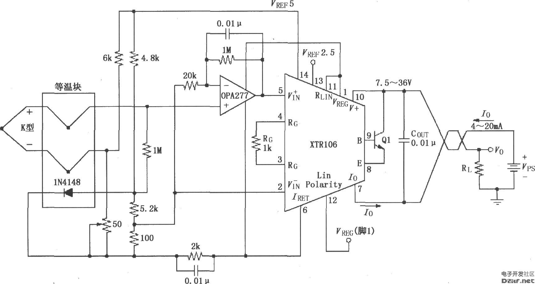 XTR106 thermocouple measuring loop circuit