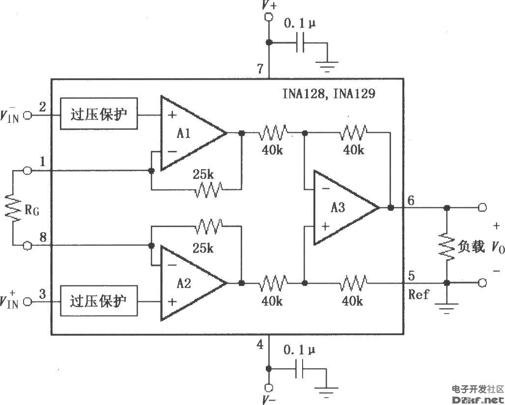 Basic connection circuit for signal and power supply of INA128/129