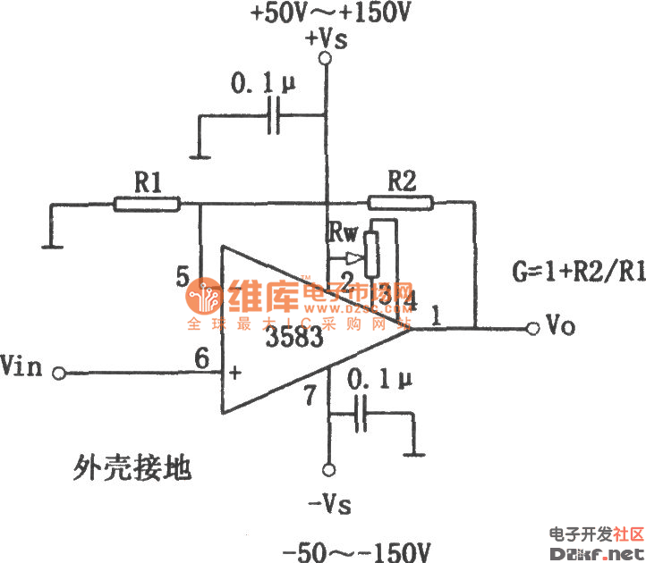 Amplifying circuit diagram of high-voltage output composed of high operational amplifier 3583