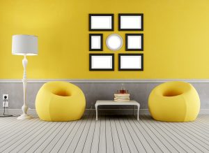 Yellow and grey old interior with two fascion armchair - rendering