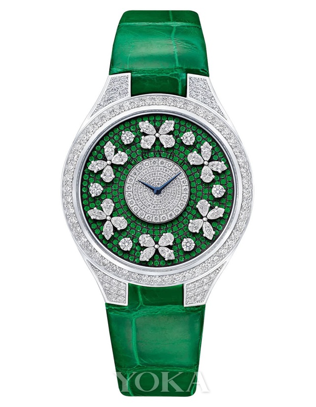 Graff Disco Butterfly, White Gold Diamond Emerald, Green Crocodile Strap.