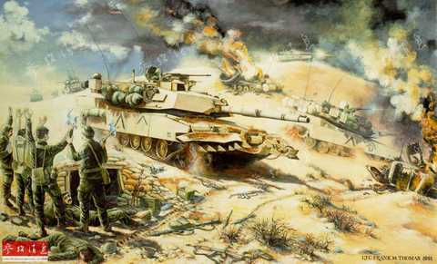 In the third attack, the Iraqi army broke through the Saudi military defense line and drove the latter out of Al Khafji. Later, under the cover and support of the US military's indiscriminate bombing, Saudi Arabia concentrated 2 times its strength to break through the Iraqi fire blockade and rushed into Al Khafji. The Iraqi army, whose morale collapsed and squandered its food, immediately dropped its weapons and fled into the desert. The picture depicts the paintings of the desperate Iraqi army surrendering to the US armored forces during the Operation Desert Storm.