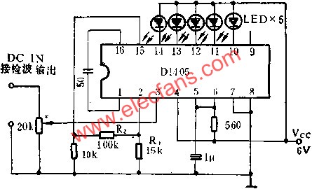 Application circuit diagram of D1405 integrated circuit as DC level indicator 