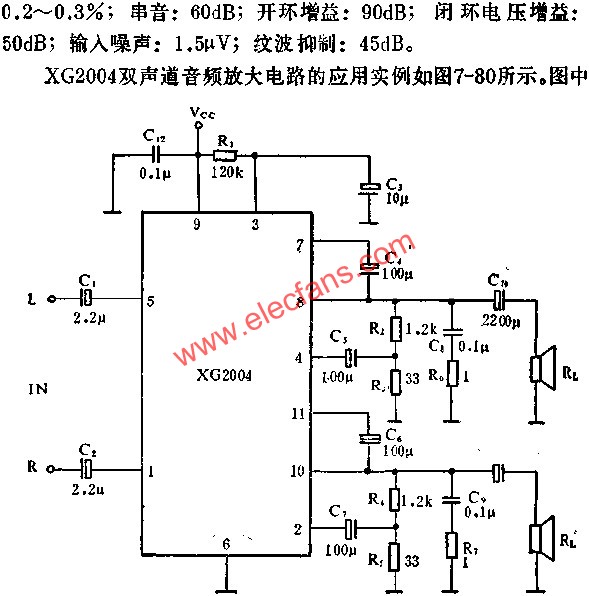 Application principle of XG2004 two-channel audio power amplifier circuit 