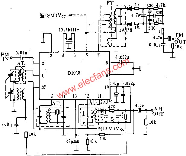 Application of D1018 FM/AM IF Amplifier Circuit 