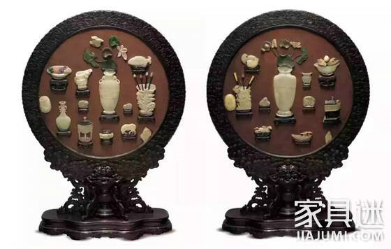Qing Emperor Qianlong Imperial red sandalwood lacquered jade round large seat screen (pair)