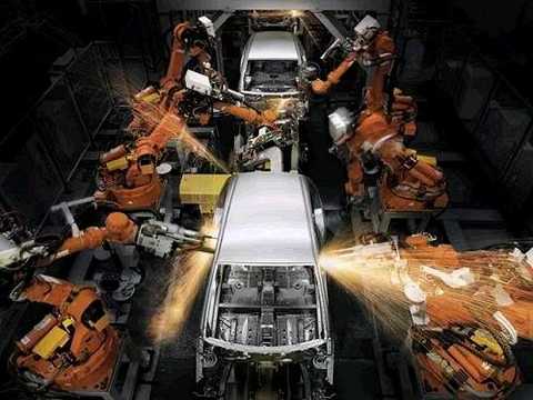 Geely production workshop, welding robot is working