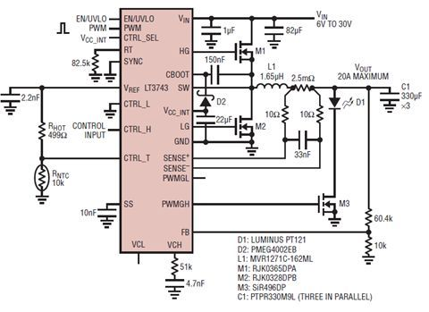 6V to 30V, 20A LED driver with dimming negative PWM dimming