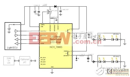 Figure 1: Schematic diagram of ON Semiconductor's NCV78663 dual LED driver application