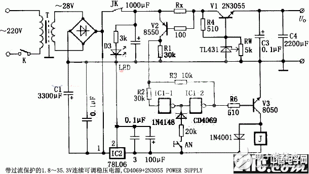 Design of 1.8~35.3V continuously adjustable regulated power supply based on CD4069 and 2N3055