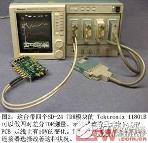 Figure 2 This Tektronix11801B with four SD-24TDR modules can do four pairs of differential TDR measurements. The oscilloscope traces should have a 10V change on the 50V PCB trace. The TDR shows how this can be improved by layout and connector selection.