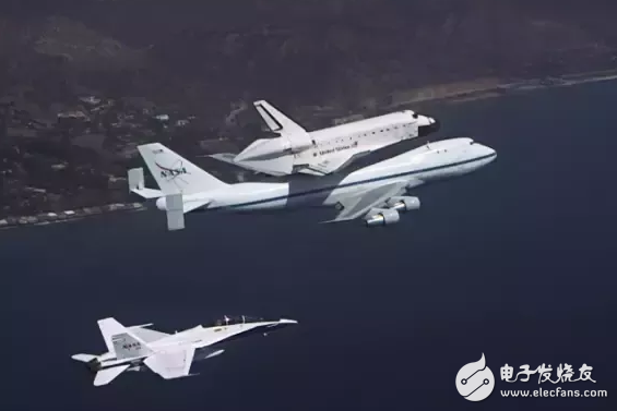 There is always a fighter jet next to the US space shuttle.