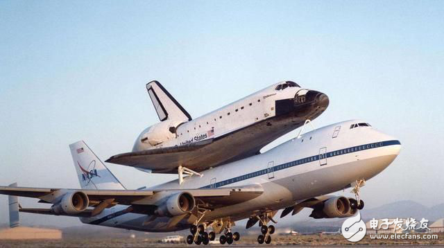 There is always a fighter jet next to the US space shuttle.