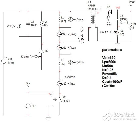 Figure 5: This simple model simulates a flyback converter and shows its basic waveform.