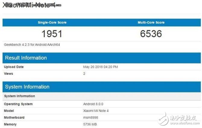 Xiaomi Note 4 is exposed in GeekBench's running score data