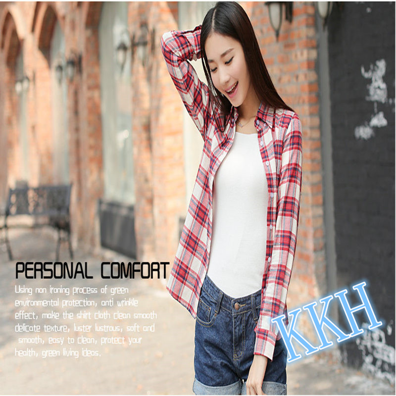 KKH autumn new plaid shirt female long sleeve Korean version of slim slim cotton student blouse large size shirt 311