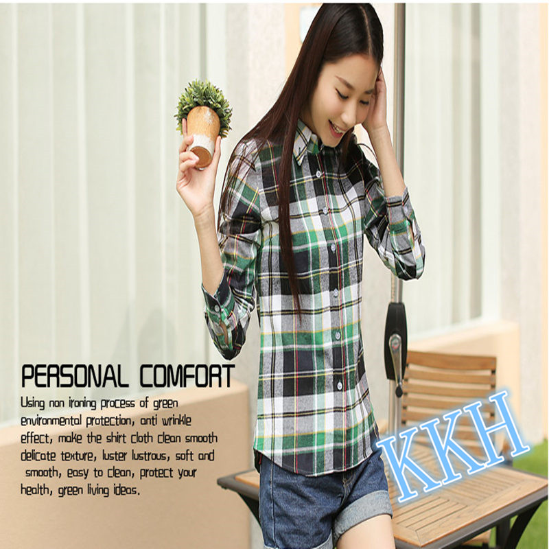 KKH autumn new plaid shirt female long sleeve Korean version of slim slim cotton student blouse large size shirt 311