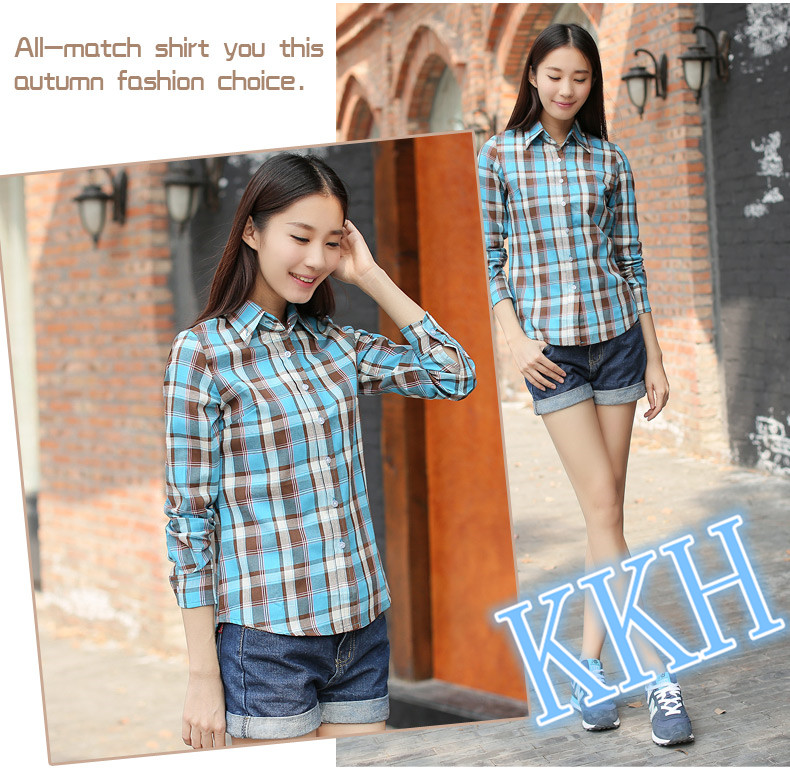 KKH autumn new plaid shirt female long sleeve Korean version of slim slim cotton student blouse large size shirt 311