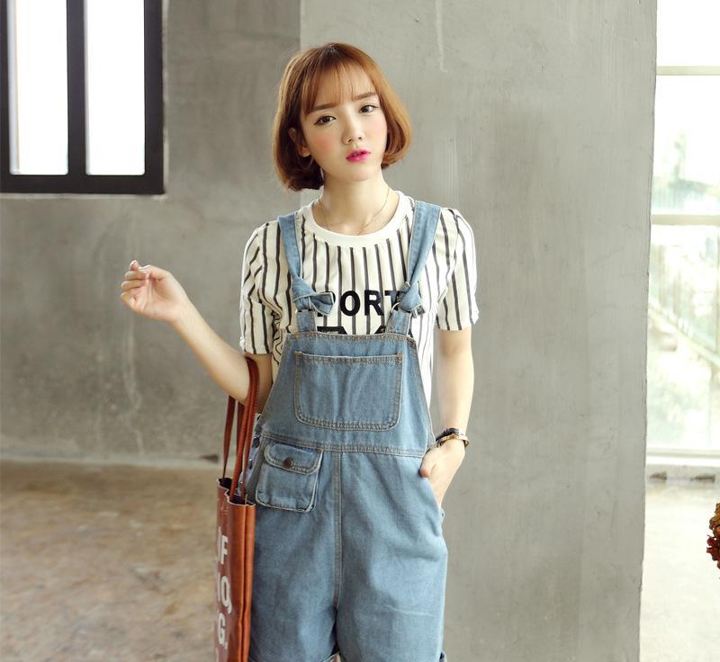 2015 Korean students cute sling Slim thin frayed denim bib shorts women's clothing
