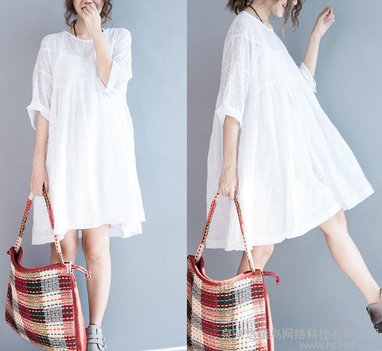 7997#2016 short sleeve new Korean version of the simple art high waist doll shirt cotton embroidered long dress