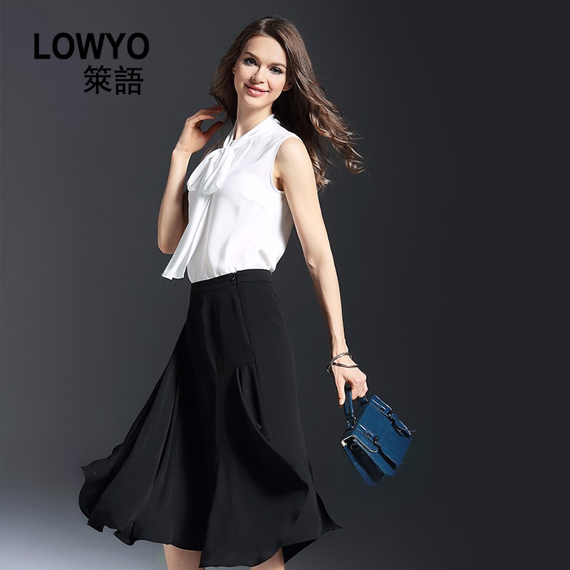 2016 Amoi Europe and America Women's Solid Color Sleeveless Chiffon Shirt Irregular Large swing skirt Set