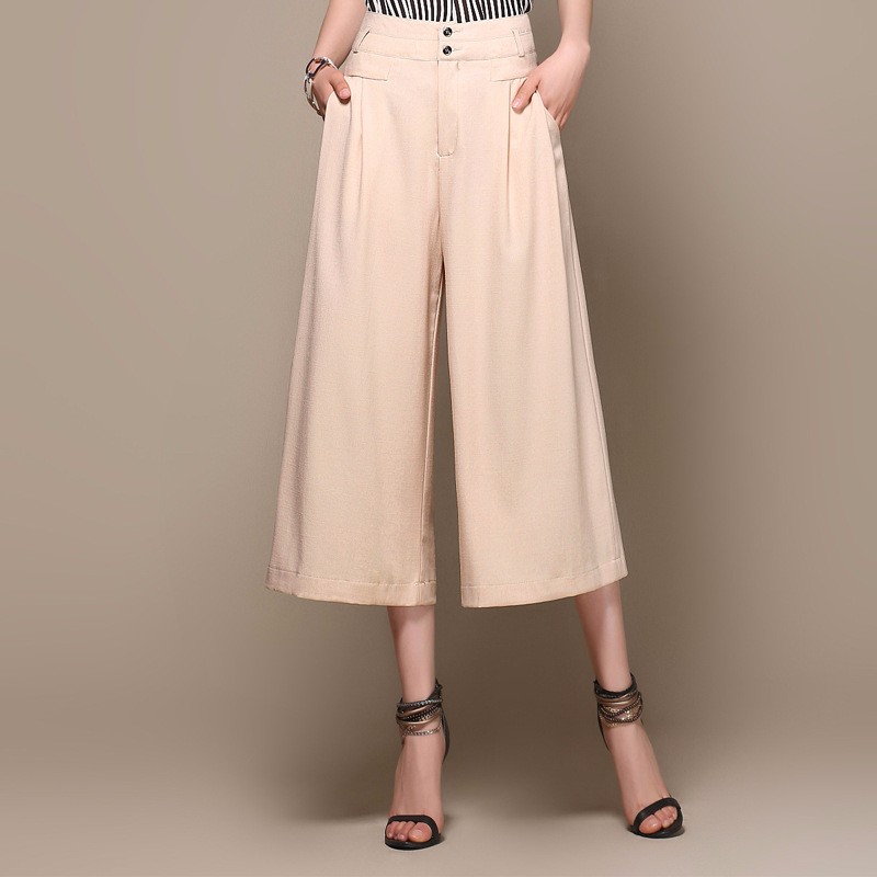 2016 summer new solid color casual pants wide leg pants nine points pants stretch large size slim slimming