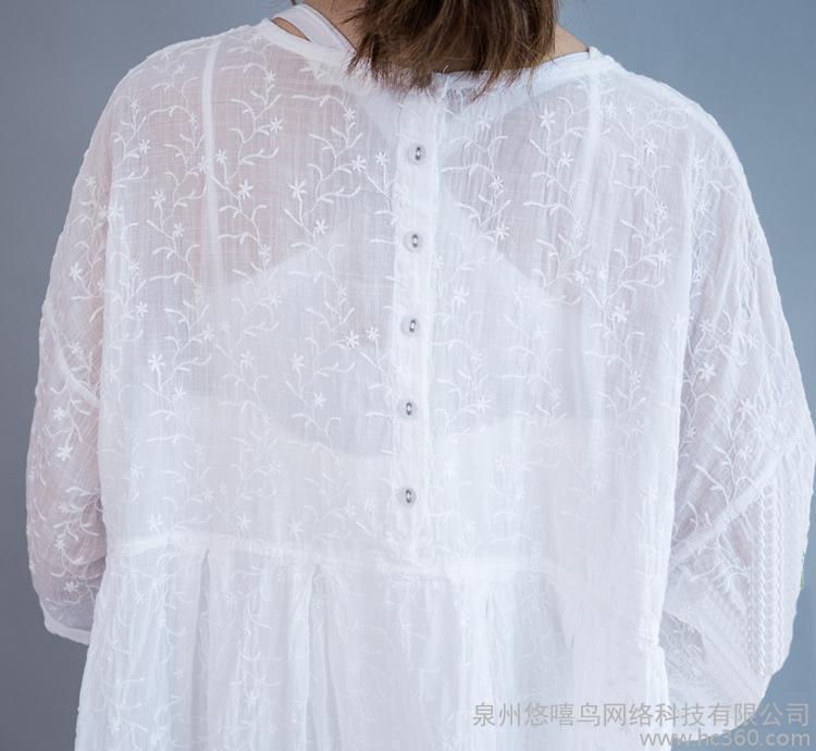 7997#2016 short sleeve new Korean version of the simple art high waist doll shirt cotton embroidered long dress