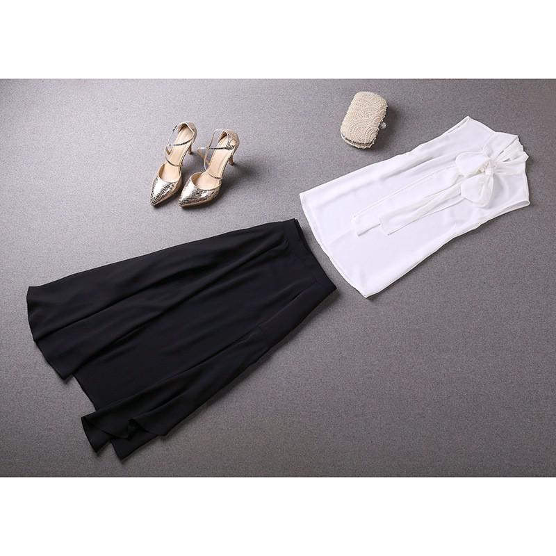 2016 Amoi Europe and America Women's Solid Color Sleeveless Chiffon Shirt Irregular Large swing skirt Set