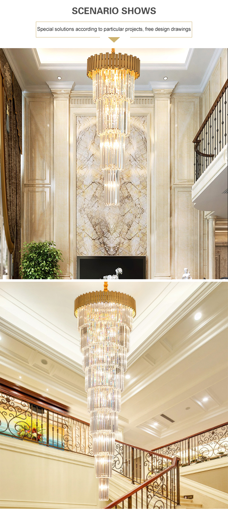 Creative personality hotel lobby lighting K9 crystal custom Big project long Chandelier