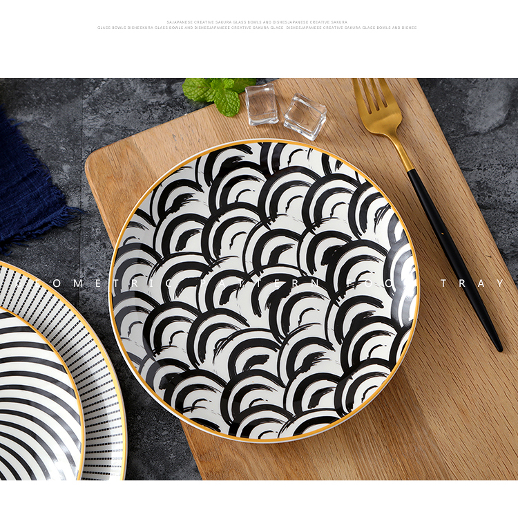 Ceramic Geometry Round Plate 6/8/10 Inch Ceramic Dinner Tableware Plate Charger Dish Porcelain Dessert Dinnerware Cake Plate