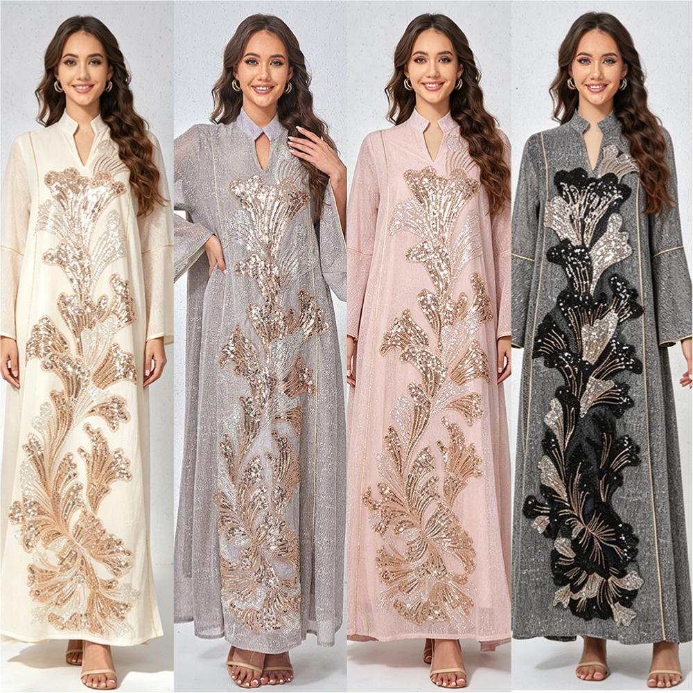 Beaded Embroidery Stand Collar Abaya Dress Detail Beaded Embroidery Stand Collar Abaya Dress Detail