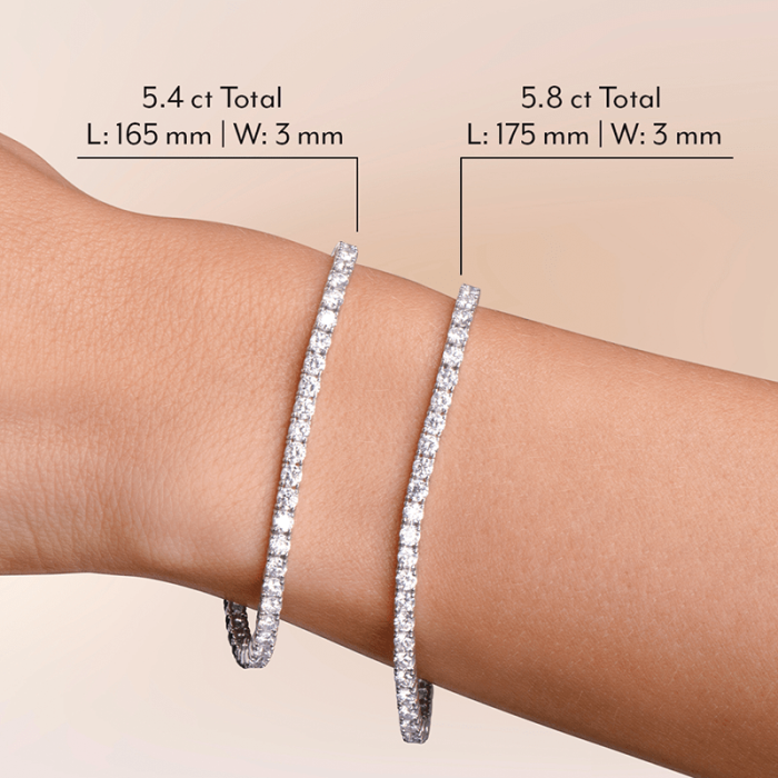 FLB-010 3mm tennis bracelet comparison showing 165mm 5.4ct and 175mm 5.8ct references
