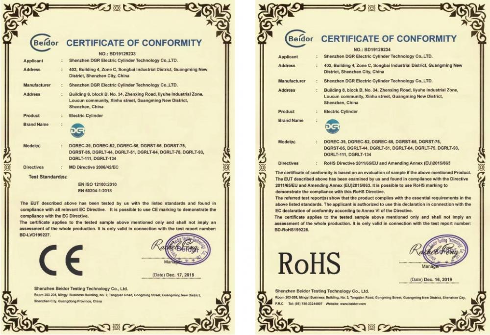 Electric cylinder certificates Electric cylinder certificates