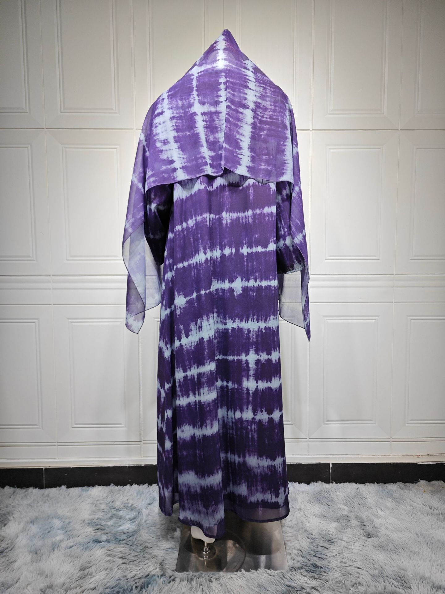 Purple Tie-Dye Open Abaya Matching Hijab Set MQ269 (8) Purple Tie-Dye Open Abaya Matching Hijab Set MQ269 (8)